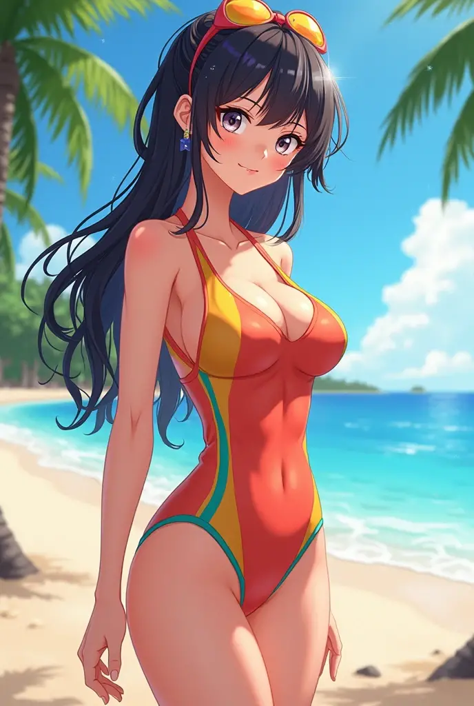 She's wearing a sexy swimsuit, has big breasts, and looks cute and anime-like.