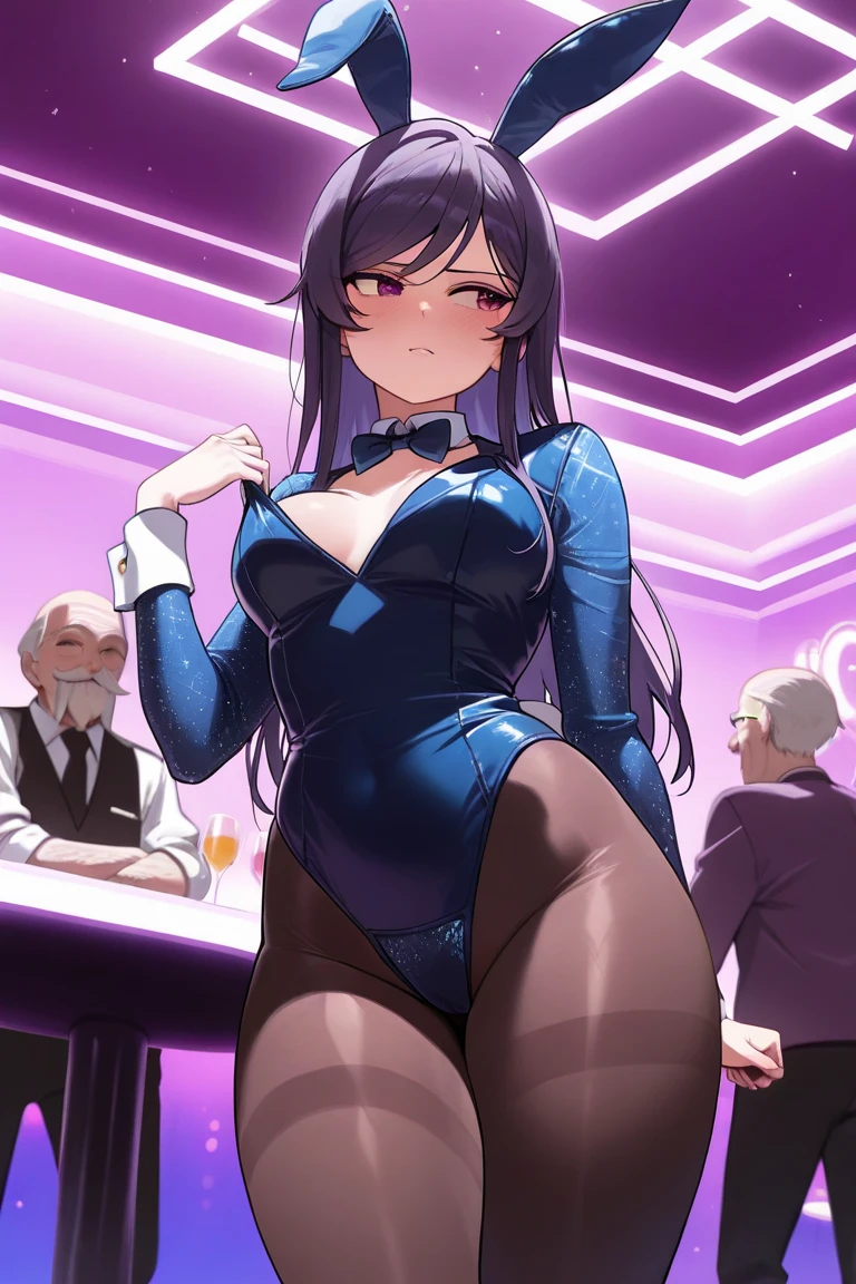 (leaning forward), blue playboy outfit, blue pantyhose, blue leotard, blue rabbit ears, blue bowtie, blue footwear, wrist cuffs, high heels, luxury livingroom background, window, night, rainy night city view, sayuri, anime cels style, best quality, high resolution, 1girl, (huge breasts:1.2), beautiful face, green eyes, dark brown hair, (very wavy hair), braided bangs, (two beauty spots near her left eyes), lipstick, cowboy shot, smiling, blushing, beautiful long legs, beautiful body, pov from below