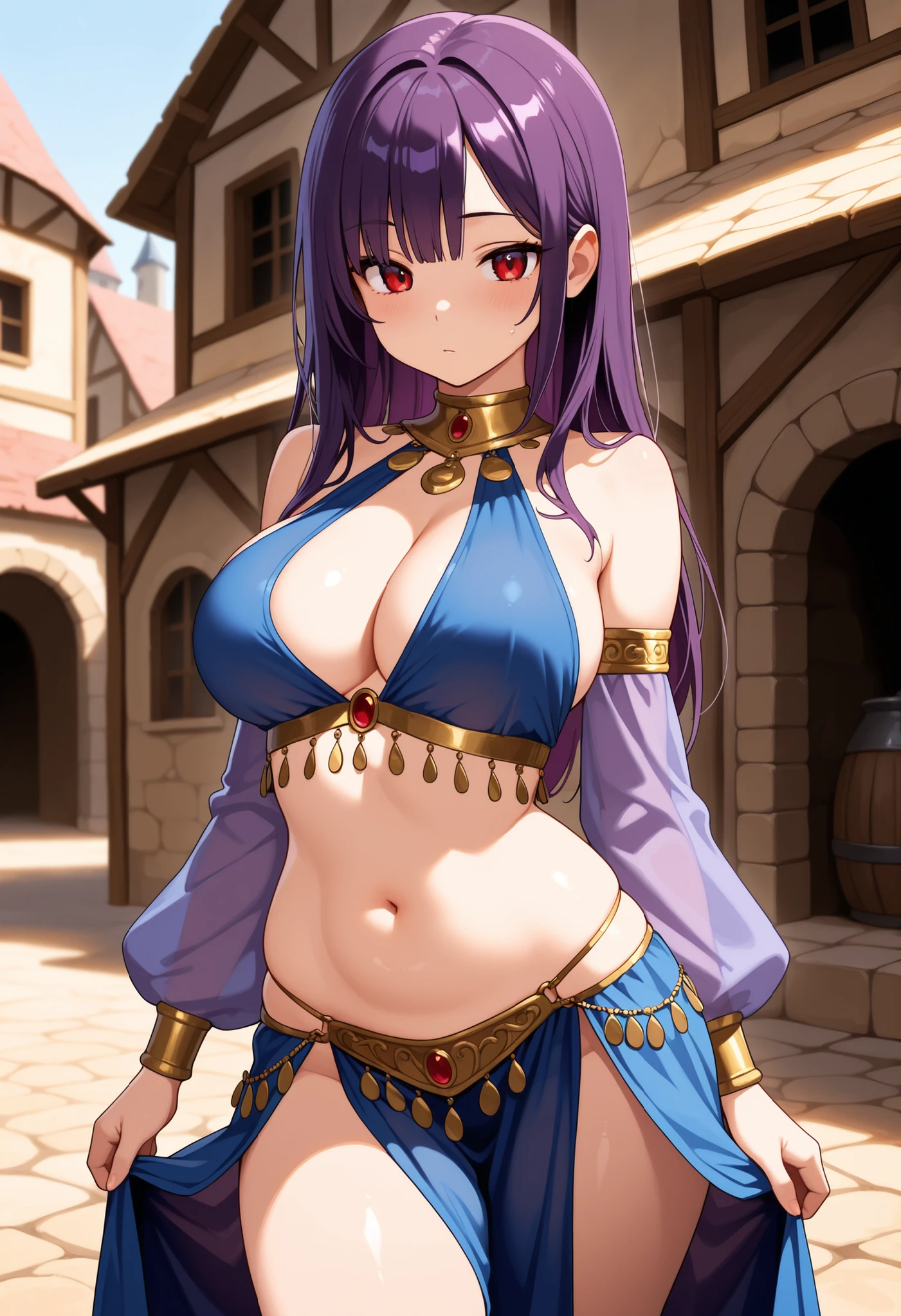 1girl, solo, white background, cowboy shot, red eyes, long hair, purple hair, navel, harem outfit, dancer, jewelry, bare shoulders, detached sleeves, pelvic curtain, large breasts, cleavage, soft stomach, closed mouth, smile, blush