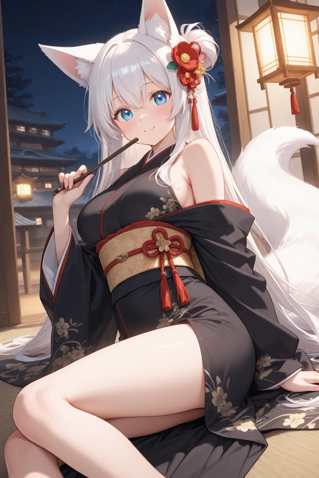 Silver Hair、Red Eye、Fox ears、girl、Small breasts、ponytail、girl、Small breasts、Lolita、Bright smile、Looks about 15 years old、Petan Musume、short、目のhighlight、Sexy thighs、Wearing china clothes、Your eyes are so beautiful、highlight
