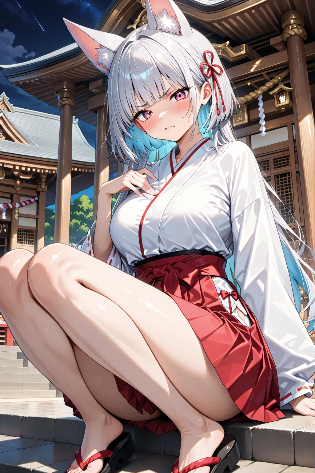 Rading Safety:1.2,close your legs、on your chest、 hold your feet without liquid、bow、long hair、bob cut、fox ear、(uncut bangs)、 Silver Hair、(scowl the person:1.2)、is shy、Redness on the cheeks、
 humble face:1.2、close his mouth、
((Shrine Fair:1.3、Night Festival:1.3、Shrine、))masterpiece、top quality、great quality、very aesthetic、absurd、Newest、(real:1.2)、high res、Super Detailed、Super Detailed、extremely detailed、generally、close-up style、