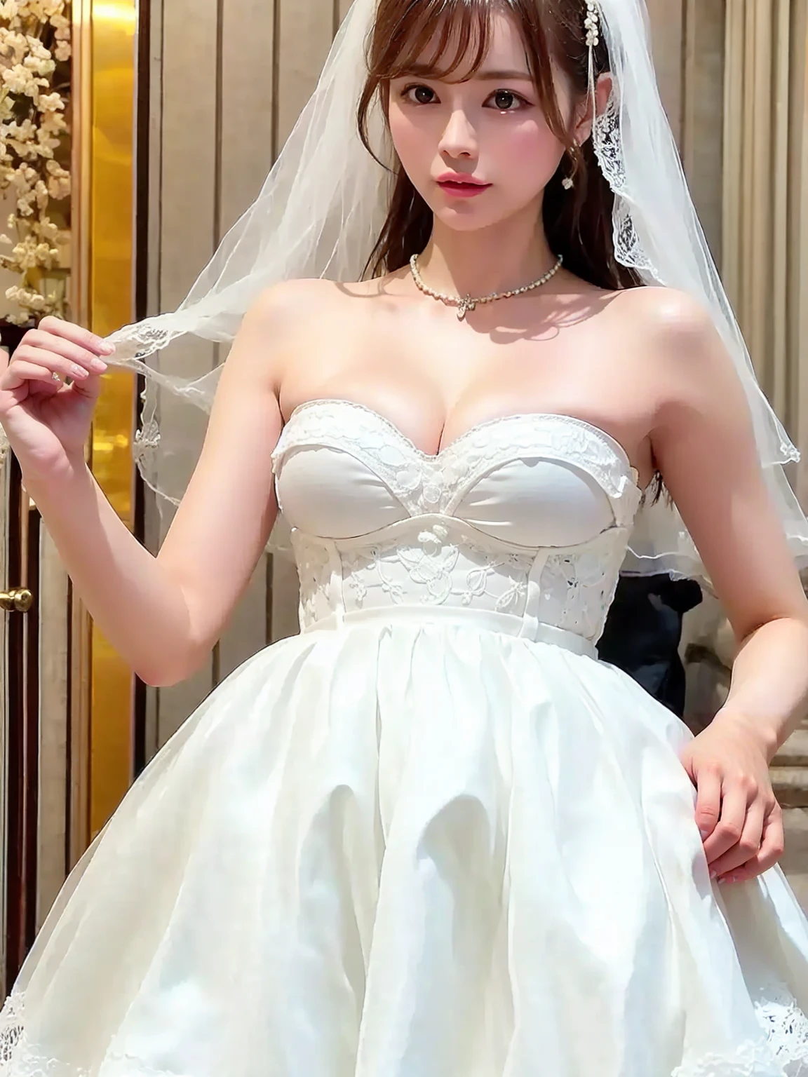 ((Best Picture Quality, 8k, tmasterpiece:1.3)), 1girl, perfect figure beautiful woman:1.3, ,((wedding gown，short  skirt))，Ultra-fine face, 詳細な目, 二重まぶた，ssmile