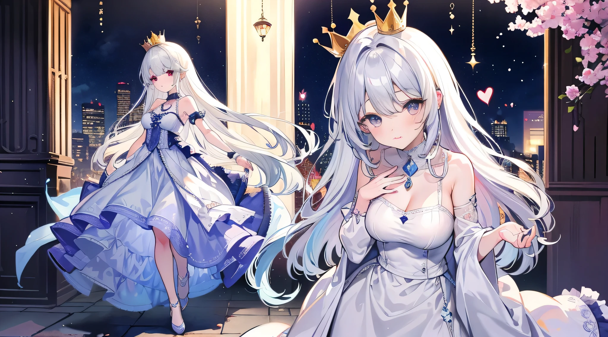 Princess, princess dress, purple dress, puffy sleeves, breasts, tan skin, crown, long hair, silver hair, blue eyes, teasing, diamonds, jewelry, earings, water, wet, 1girl, solo, mastrpiece