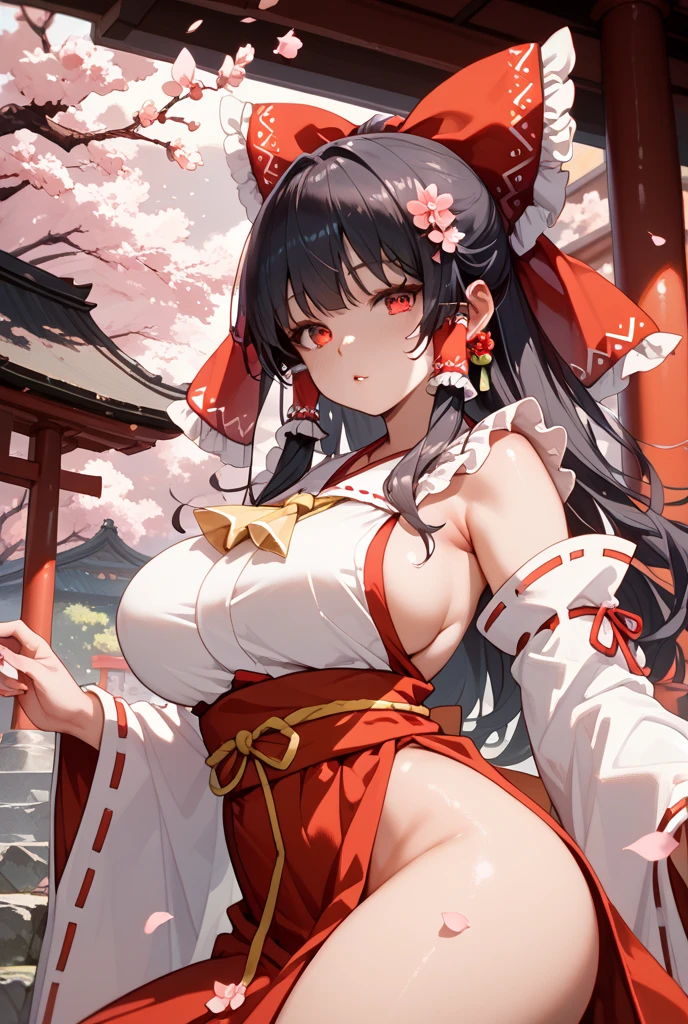 Erotic Anime Illustration、highest quality、smile、A voluptuous shrine maiden who exudes sexual charm、A sense of guilt、Shrine festival、Chitanda El、Perfect proportions、Very large breasts、Showing off cleavage、Clear eyes、She spreads her legs and shows off her pussy、Blushing、Sweaty、Cowboy Shot
