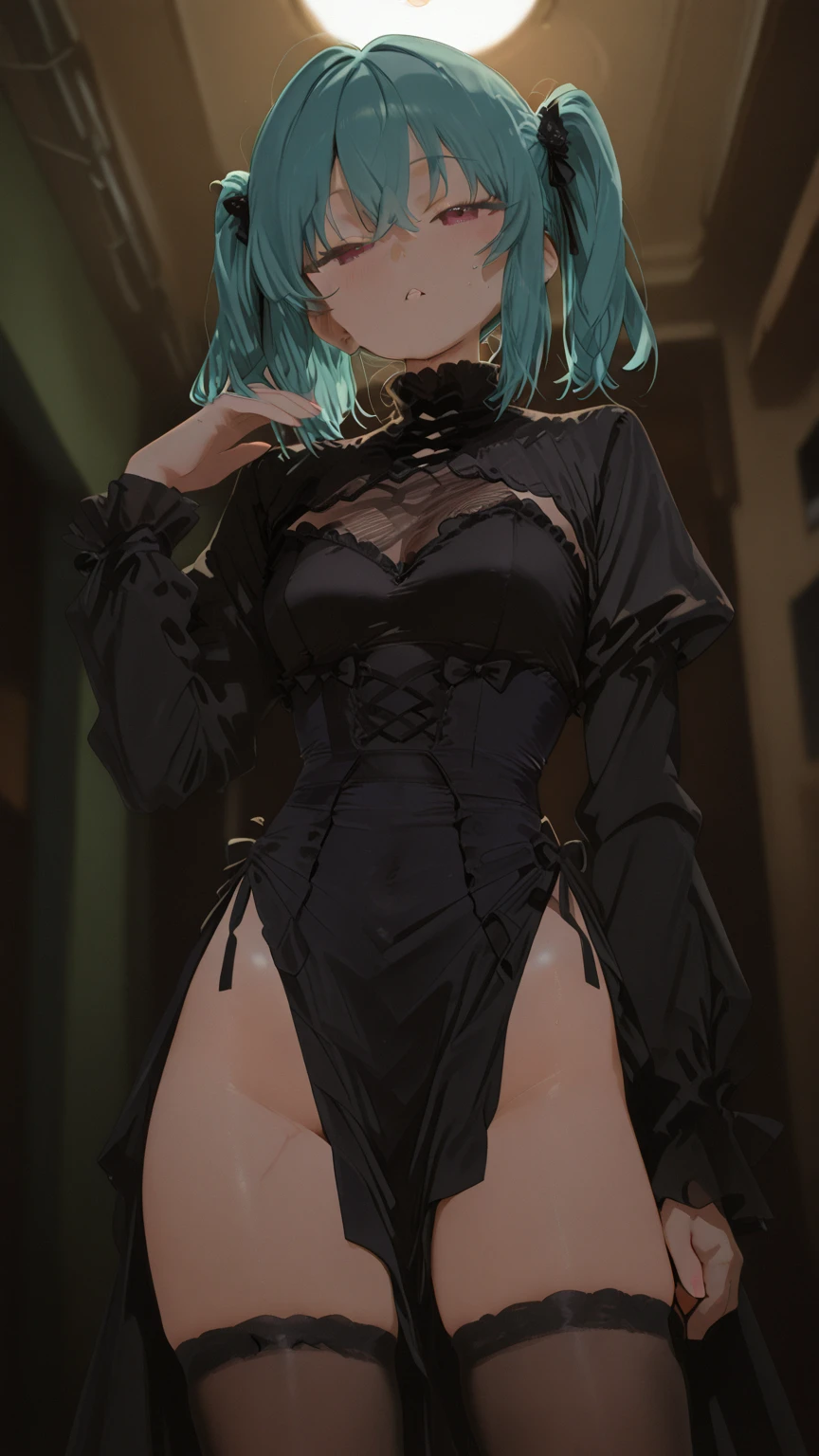 NSFW,masterpiece,Highest quality,High resolution,Super detailed,Uber\(Funeral of Frieren\),Green Hair、bangs、Hair between the eyes、Side Ponytail、Purple Eyes、Black choker、clavicle、High slit lace long dress、Sleeveless see-through dress、Halter neck,belt,Embarrassed,blush,(??????????),Luxurious Room,Party Venue,heart,Sexy pose,(??? slave)