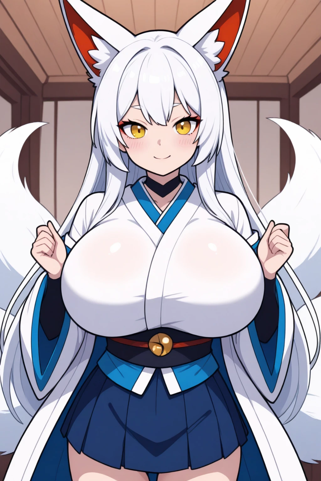 masterpiece, best quality,  kitsune 1girl, solo, beautiful kitsune woman, fox ears, bangs, white hair, very long hair, blue eyes, grin, large breasts, black choker, shoulderless kimono, white kimono, long kimono, long kimono sleeves, blue sash, 5 fox tails, white hair, looking at viewer   