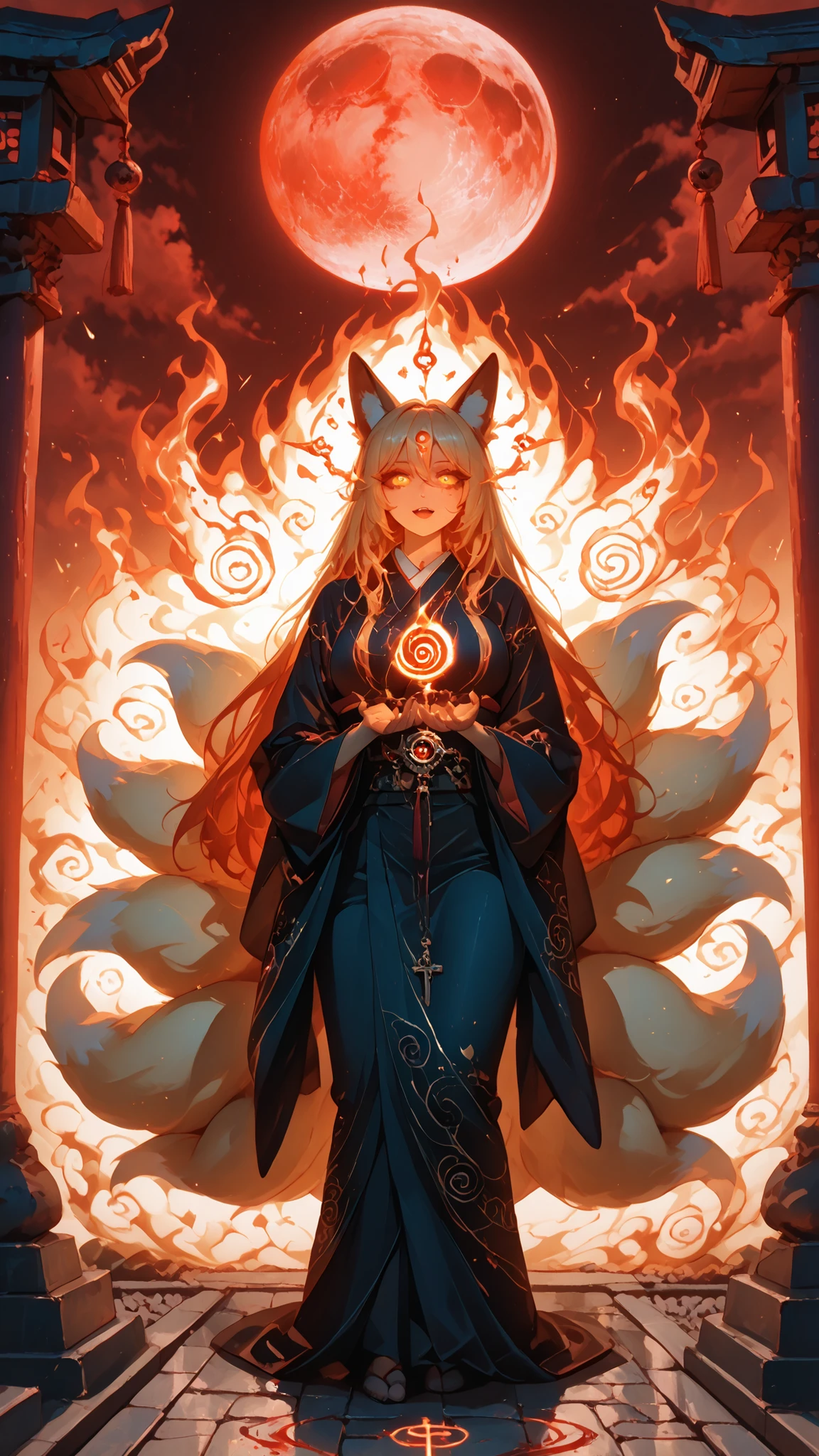 A majestic 1000-year-old fox demon stands in the center of an ancient, crumbling shrine under a blood-red moon. She has glowing golden eyes filled with ancient knowledge and danger. Nine massive, ethereal fox tails swirl behind her, each shimmering with fiery magic and divine energy. Her kimono is elegant but tattered at the edges, embroidered with forbidden runes and celestial patterns. Her fox ears twitch slightly as she raises one clawed hand, summoning ghostly foxfire around her. The air crackles with spiritual tension. Her presence is both beautiful and terrifying — a goddess of vengeance, wisdom, and forgotten power