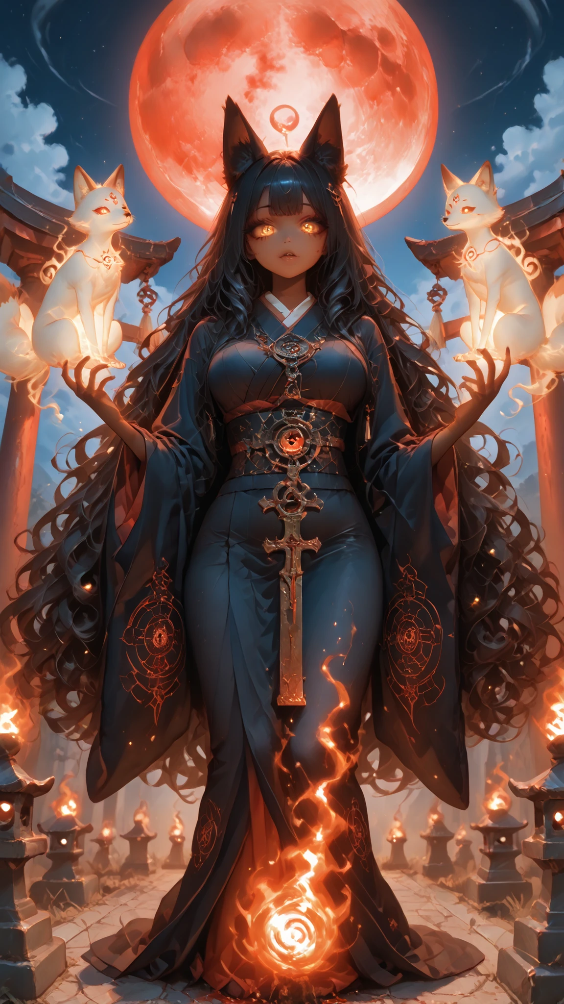 (((masterpiece, best quality, high detailed, 16k))) (1girl) A powerful sorceress with long, cascading hair that transitions from deep midnight blue to bright silver at the tips. Her sharp, golden eyes gleam with intelligence, and she is adorned in robes of rich burgundy and black, decorated with ancient arcane symbols. In her hand, she holds a large, open book filled with glowing spells. ((full body view)),(devil:1.3), (pure black skin:1.3), (dynamic angle:1.2).