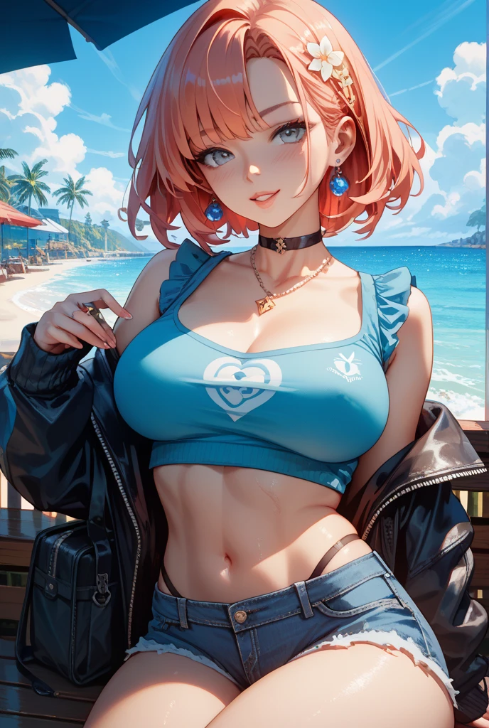 1 girl, solo, only one girl ,red hair,Hair in two pigtails, blue eyes, crop top, bare shoulders, necklace, piercings, big boobs,belly tattoo,Hand tattoo, Restaurant, eat ramen