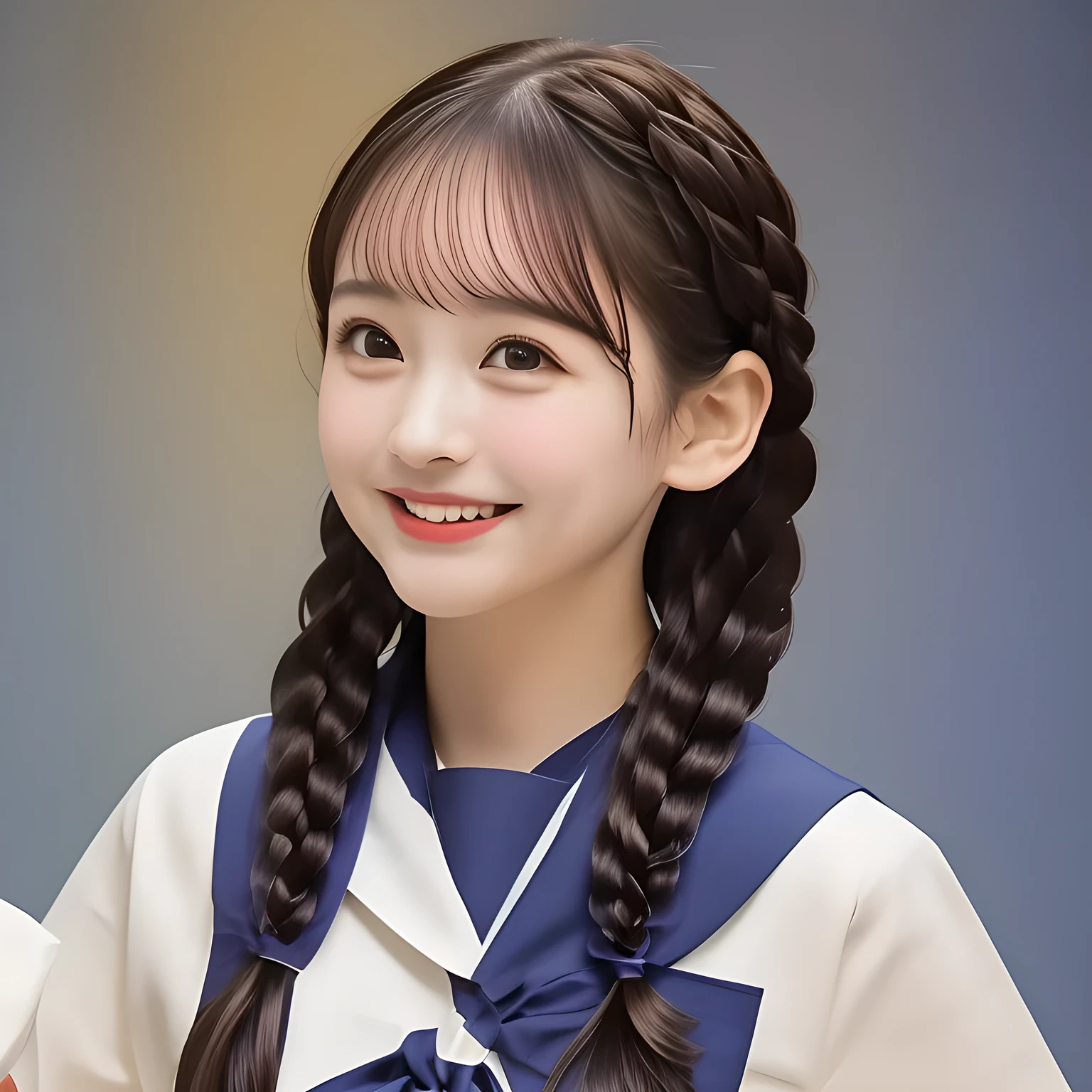 (highest quality, masterpiece, clearly detailed:1.5), highest quality, High resolution, 1080p, 8K, (Too beautiful, ((demure & meek)) ((beautifully grown and Evolved with grace)), Famous magazine fashion model, ((Too much beloved)) noble grown beautiful beautiful girl with detailed, 165cm height, ((svelte silhouette)), Cloistered beauty, Pristine atmosphere, controlling my mind and heart by her charm and pristine uniform, understands my deep hidden desire very well with her profound intelligence, giving too much pleasure to my sensitive one covered with beautiful hands and fingers, (((creeping over me on a bed))) with detailed: 1.4), (laughing white face with unreal angelic beauty, overflowing with translucence, with detailed: 1.8), (Pristine blue uniform, (Neatest (navy colored) sailor-style uniform, navy sailor collar, shiny-blue sailor scarf, with detailed: 1.8)), (Too beautiful dreamy eyes and neatness charm the viewer), long eyelashes, (Giggling cohort background with many white lovely marks, clearly detailed foreground, zinomy, with most beautifully detailed: 1.9), ((purity and neatness of pristine uniform is very impressing): 1.8), (focus on her twin-braids hair and neat style, from side, rotated: 1.9), (Beautiful brown eyes), (shiny brown twin-braids styled hair, bangs trimmed carefully: 1.7), (((Too beautiful idols are creeping over the viewer, teaching my most sensitive one how to indulge in carnal bliss every day)): 1.8), (Take a ((most beautifully complexly detailed purest face-up)) vestal tween photo: 2.0)