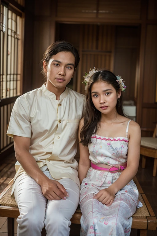 Filipino girl sitting on the lap of a british man, Background is at home
