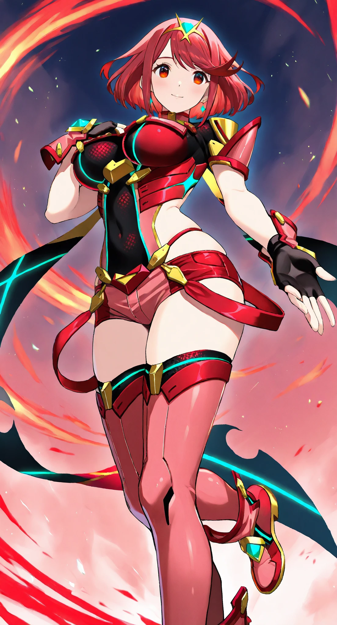 たきfire \(Xenoblade\), Teen_One girl, armor, bangs, black gloves, chest, Red eyes, closed mouth, Earrings, eyelash, fingerless gloves, Floating Hair, framed chest, gem, gloves, hair ornaments, Headpiece, jewelry, big_chest, leaning return, leotard, Neon Trim, Official Art, Pause, Redhead, red Shorts, saitou masatsugu, short hair, short Shorts, Short sleeve, Shorts, Side Lock, Fits perfectly to the skin, alone, Are standing, swept bangs, Knee socks, tiara, night_grassland_returnground, turtleneck, Underbust, Arm guard, Xenoblade chronicles \(series\), (Xenoblade chronicles 2), Away_foot, fire_effect,dynamic_Pause_Finding,Light_smile, (plump:1.1), big_teeth,Huge_sword, all_big_sword_Pattern, alone, Covered_Nipples, Covered_Pussy,Open_mouth,return_View,