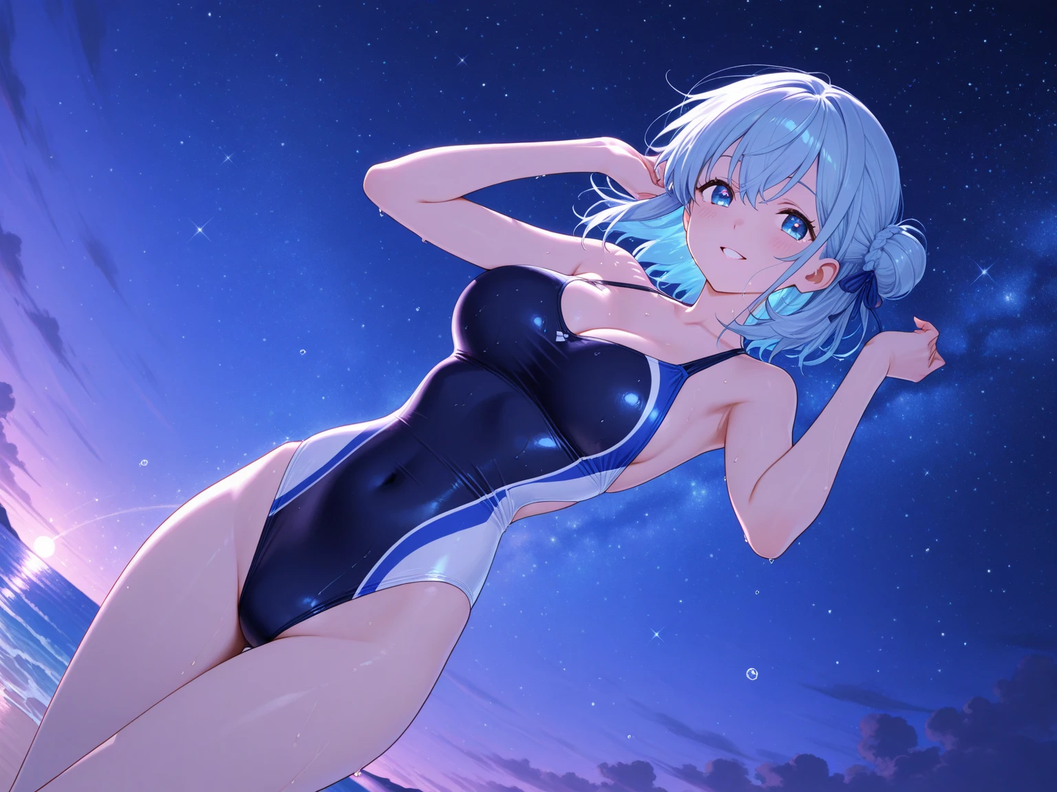 beautiful starry night, a beautiful girl in a neon swimsuit sits on the shore, which glows in the dark, the girl&#39;s hair flutters in the wind shimmering with light-ar 3:4 - Niji 6