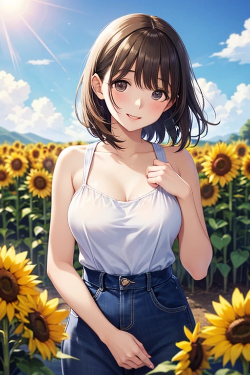 masterpiece,high quality,ultra-detailed,(realistic:1.4),(photorealistic:1.4),ultra-wide-angle,infinity focus,mature woman,happy face,blunt bangs,wavy short hair,casual dress,huge chest,in sunflower field,surrounded by ten million sunflowers,view from above,long shot,aerial perspective