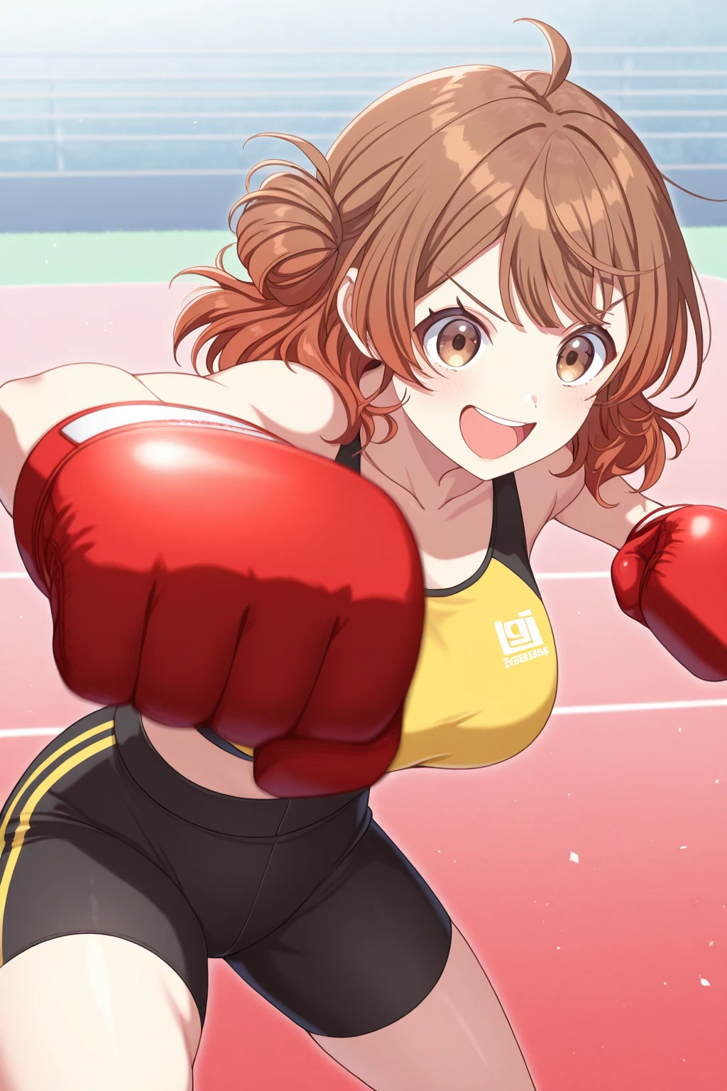 nobara kugisaki,sport clothing,gym, leggings, large ass,large breasts ,ftont look, mocking smile,seductive face,red nails ,messy hair, pleasure face,smiling, detailed face, detailed eyes,looking at teathre performance ,running on treadmill ,shorts,topic,abs