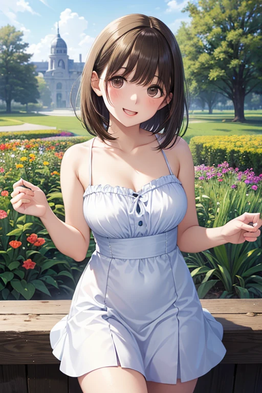 Delicate Composition, hyper detailed, best quality, blurry foreground, dynamic view, 1 girl, (seductive smile:0.6), solo, large breasts, hair in takes, from above, beautiful detailed garden, fluttered detailed petal, grow, bunny ears, detached collar, strapless leotard, wrist cuffs, fishnet tights, kinomoto sakura, standing