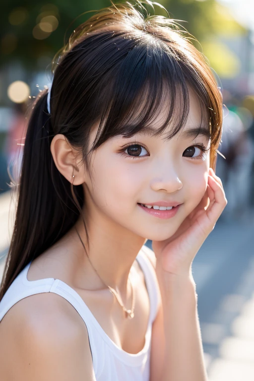 highest quality, High resolution, realistic pictures, detailed skin texture, ((Cute 12 year old Japanese girl wearing a white camisole)), view audience, slim body shape, charming gaze, Fair skin, baby face, (flat chest:1.2)