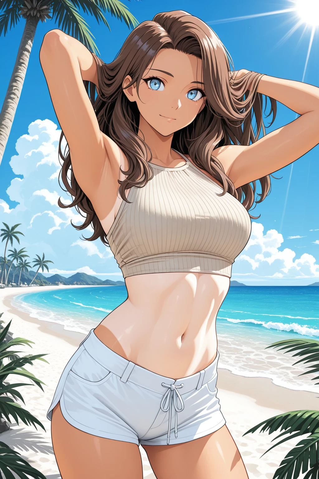 olgdmi, 1girl, solo, long hair, looking at viewer, swimsuit, brown hair, green eyes, tall, big tits, huge, fit, muscular, best quality, ultra high res, high resolution, detailed, masterpiece, looks feminine 