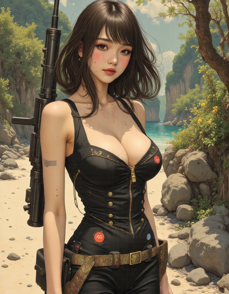 (Extremely detailed,best quality,high resolution:1.2),(Practical:1.37),Detailed facial details,16 years old,1 girl,Red lips,Cat ear,Black long hair,Succubus in a torn black and white striped bikini,Large Breasts,Collar,Radiant Skin,Post-apocalyptic,desert wasteland,Desolate landscape,the ruined city,vehicle,sandstorm,blazing sunshine,dusty atmosphere,War-torn,Ragged clothes,desolate,dirt, dusty, it's foggy,