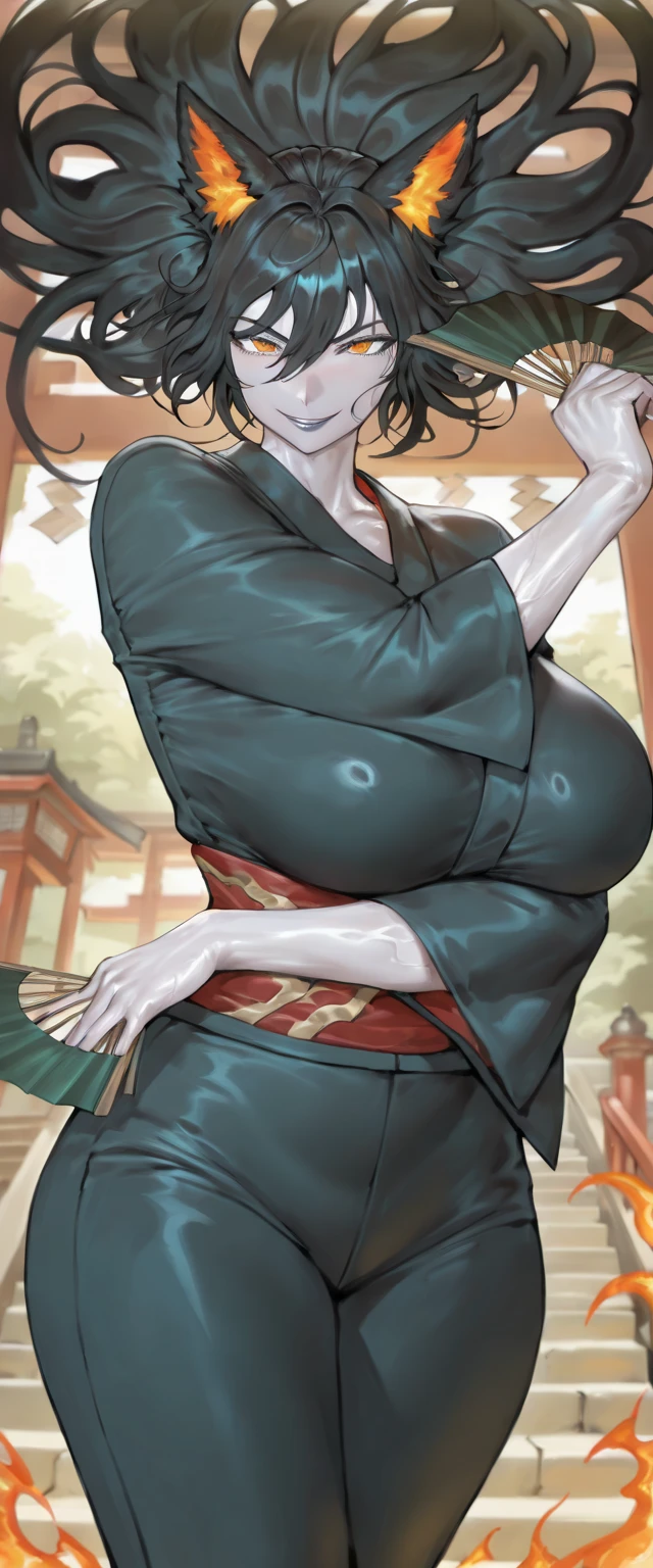 bald woman,wearing a kimono, showing breast nipples,Caucasian skin, big boobies
