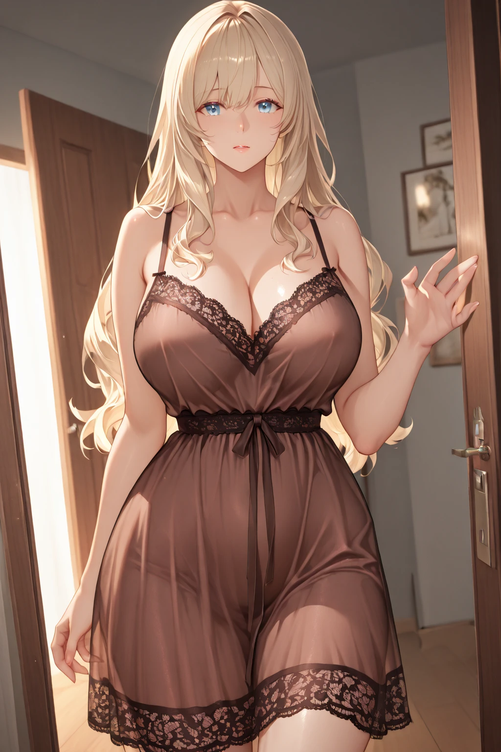((Highest quality)),(Ultra-high resolution),(Very detailed),(Detailed Description),((The best CG)),(A masterpiece),Ultra-detailed art,Amazing painting art,(Works with precise details:1.5), (1 female:1.6),(Beautiful and well-proportioned face:1.5),(Curly Hair:1.6),(Intricately detailed lace dress:1.8),Fine jewellery with exquisite detailing:1.5,Waist Accessories:1.5,Look at me and smile:1.5, Antique furniture:1.6, See-through nipples