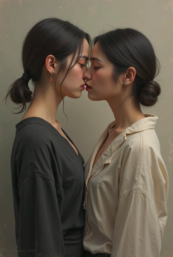 Best quality, masterpiece, ultra high res, (photorealistic:1.5), raw photo, two girls is deeply in love with each other, kiss, offshoulder, in the dark, deep shadow, low key, cold light, sexy look, short hair, three view drawing, front and back and side, character sheet