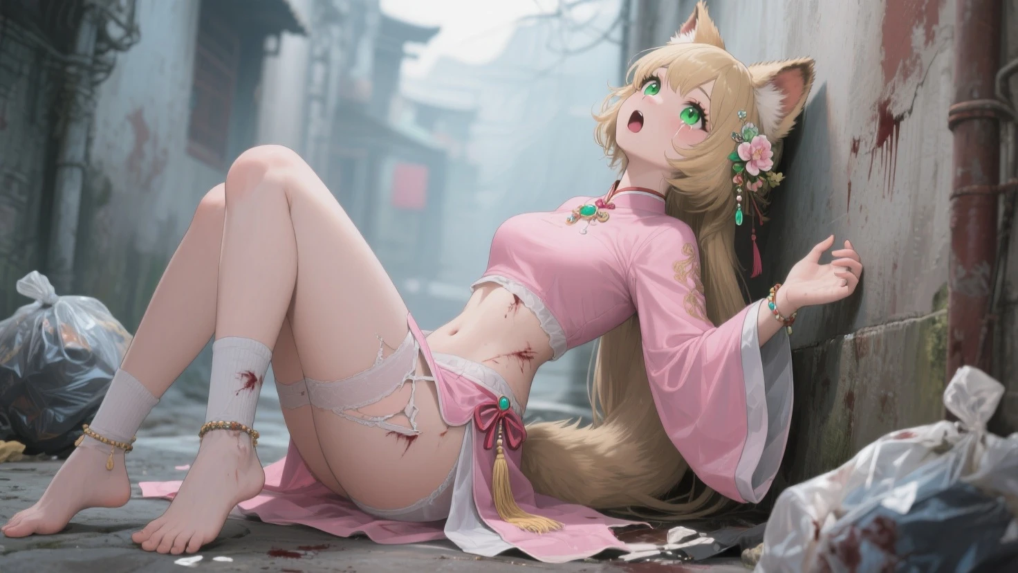 Knee socks,Large breasts, Pink hair, double tails, upper legs, white thighhighs, Pink clothes, Long legs, No bra, High heel,Red high heels, Bare_hindquarters, bangs, areola of breast, Elbow gloves, Chinese dress, Fat ass, hair tying, wears_navel, Looking_at_peeping at the viewer, Arms_Behind_Head, Blush, latex, Sleeveless_dress, Long hair, cosplay,Fantastic,straitjacket,Tight gloves,high-heels,Bring your feet together,Foot length,Sit,Chinese style cheongsam,on cheongsam,Gold ornaments,Gold lace,Long straight hair,Headbands, Thin body, Fair skin, Broad lighting,Glossy Clothes, White thigh socks,Chinese-style architecture,China-style,gazebo,Lace,laughingly,Quaint,Tight cheongsam,Flowing cheongsam,knee high stockings,White stockings,Translucent stockings,fox ear,Feminine eyes,Charming,Leg elongation, --auto