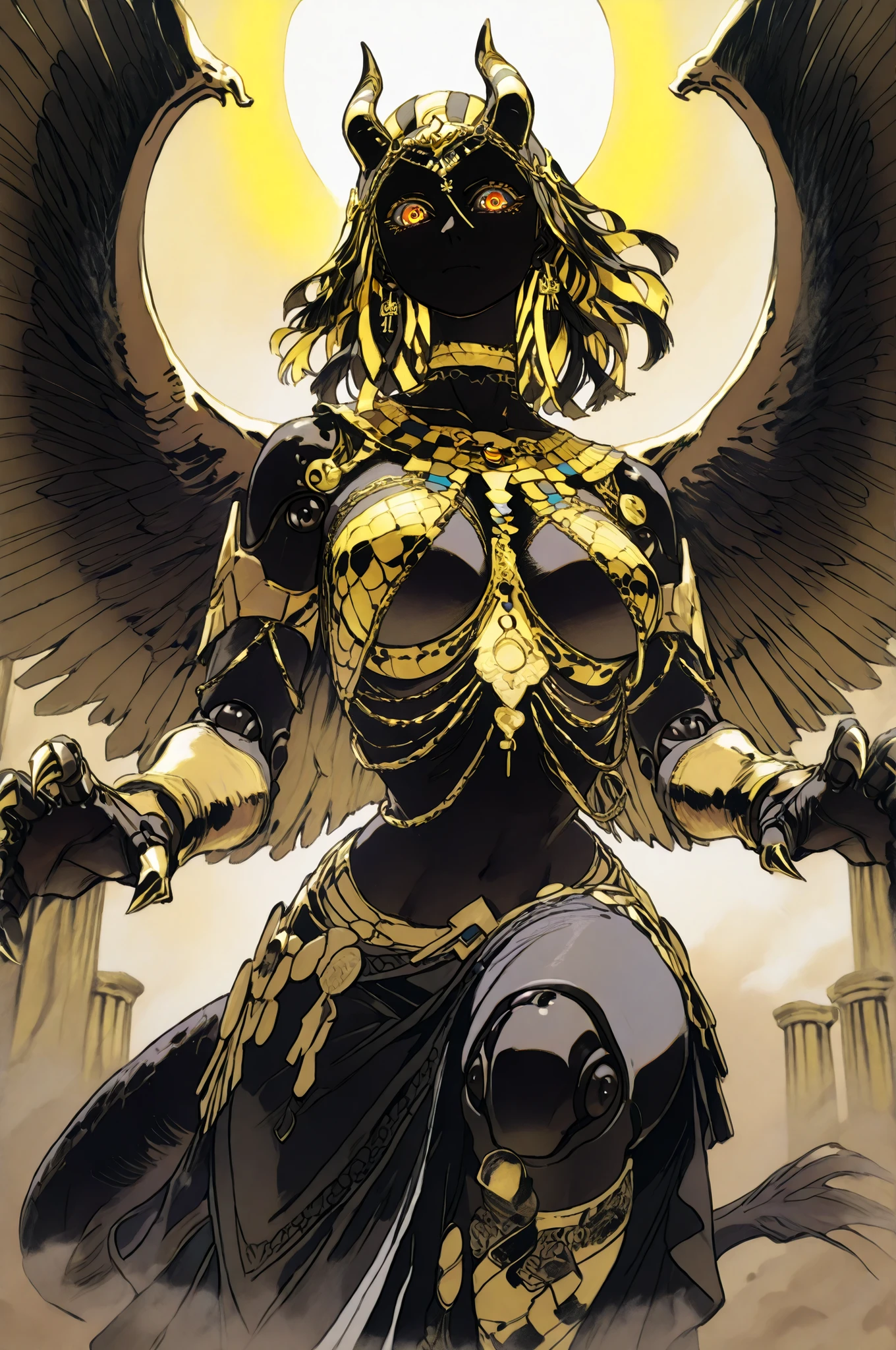 A magnificent and mythical humanoid figure is captured in an intricate and dynamic pose, reminiscent of a futuristic gargoyle or a legendary creature. This character possesses a striking blend of ornate armor and organic features, merging artistry with a sense of formidable power. Its body, predominantly black with a glossy sheen, is accentuated by intricate gold embellishments that trace decorative patterns across its surface. Glowing cyan highlights add a touch of otherworldly energy, emphasizing joints and contours with a neon-like radiance.

The head is adorned with an elaborate, golden headdress featuring curving horns and stylized motifs, evoking ancient Egyptian or Mayan influences. Almond-shaped, luminescent eyes suggest intelligence and mysticism. The figure crouches on metallic claws, poised for movement, while its massive, wing-like structures extend upward, showcasing smooth, wing-like curves edged with golden filigree. The muted background, a swirl of neutral grays, serves to highlight the detailed and vivid central figure, lending an air of timelessness and fantasy.