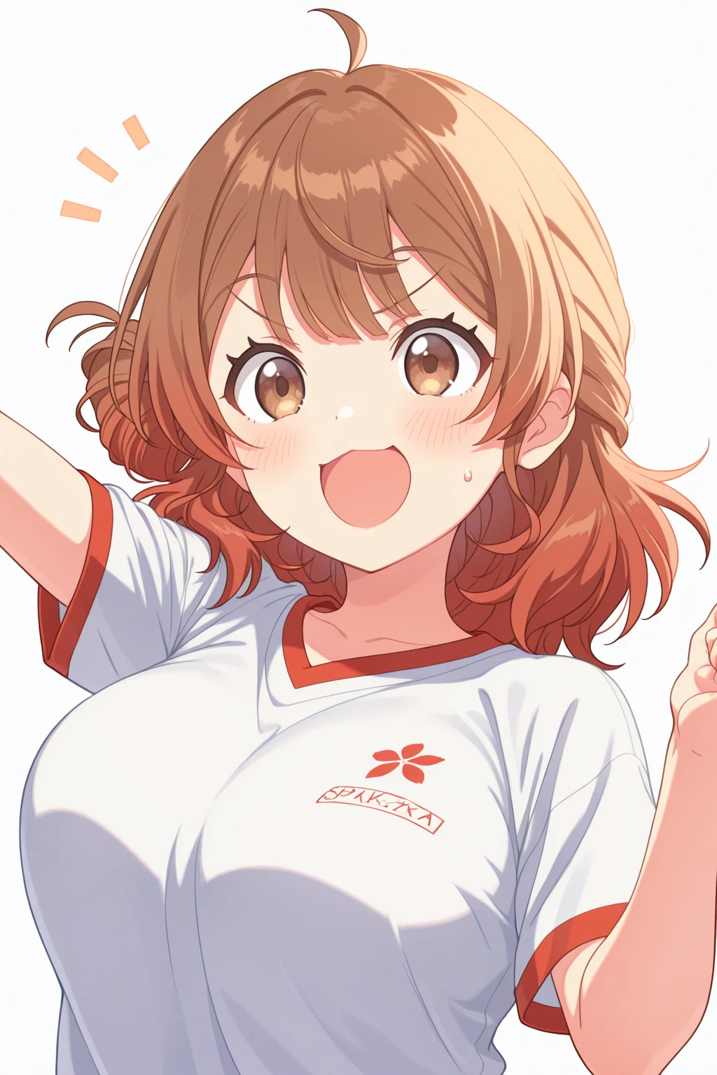 (8k:1.2)(ultra-detailed:1.4),(High quality:1.4),(best quality:1.4),(masterpiece:1.4),(huge breasts:1.1),(beautiful face:1.3),(beautiful woman:1.3),(bright red hair:1.4),medium hair,a mole around the mouth, (sweat:1.2), (enjoy:1.6), (burst into laughter:1.4), (squinting:1.4),(simple plain uniform:1.1),(gym uniform:1.2),(round neck white t-shirt:1.2),navy blue short Sweatpants,upper body,(closed eyes:1.2),school gym