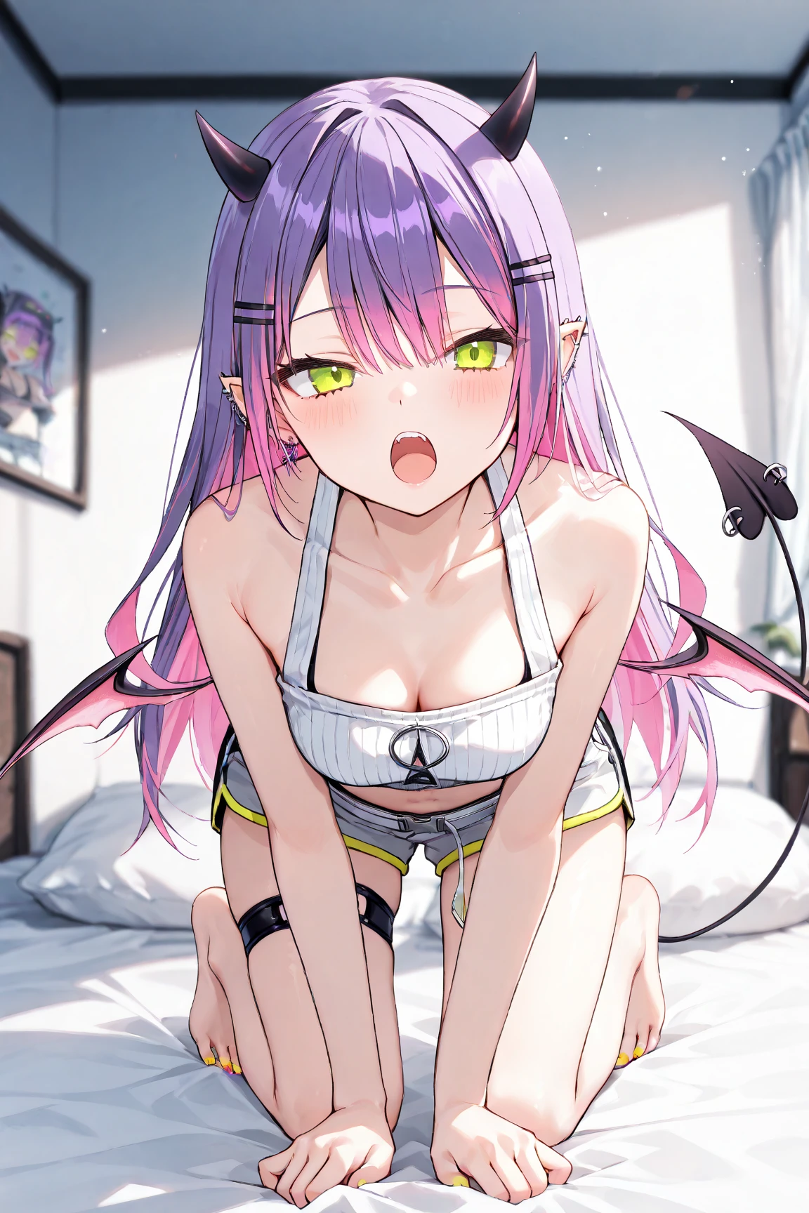 highest quality,wonderful,finely,extremely detailed CG unity 8k wallpaper,1 Girl,priest(dq3), Large Breasts,(devil,demon tail),(Black Band Top:1.3), Bare shoulders, clavicle, (Underboob:1.5), Cleavage, Huge breasts,Pink Hair, Purple Eyes,Twin tails, highest quality,Super detailed,unity 8k wallpaper,Game CG,
