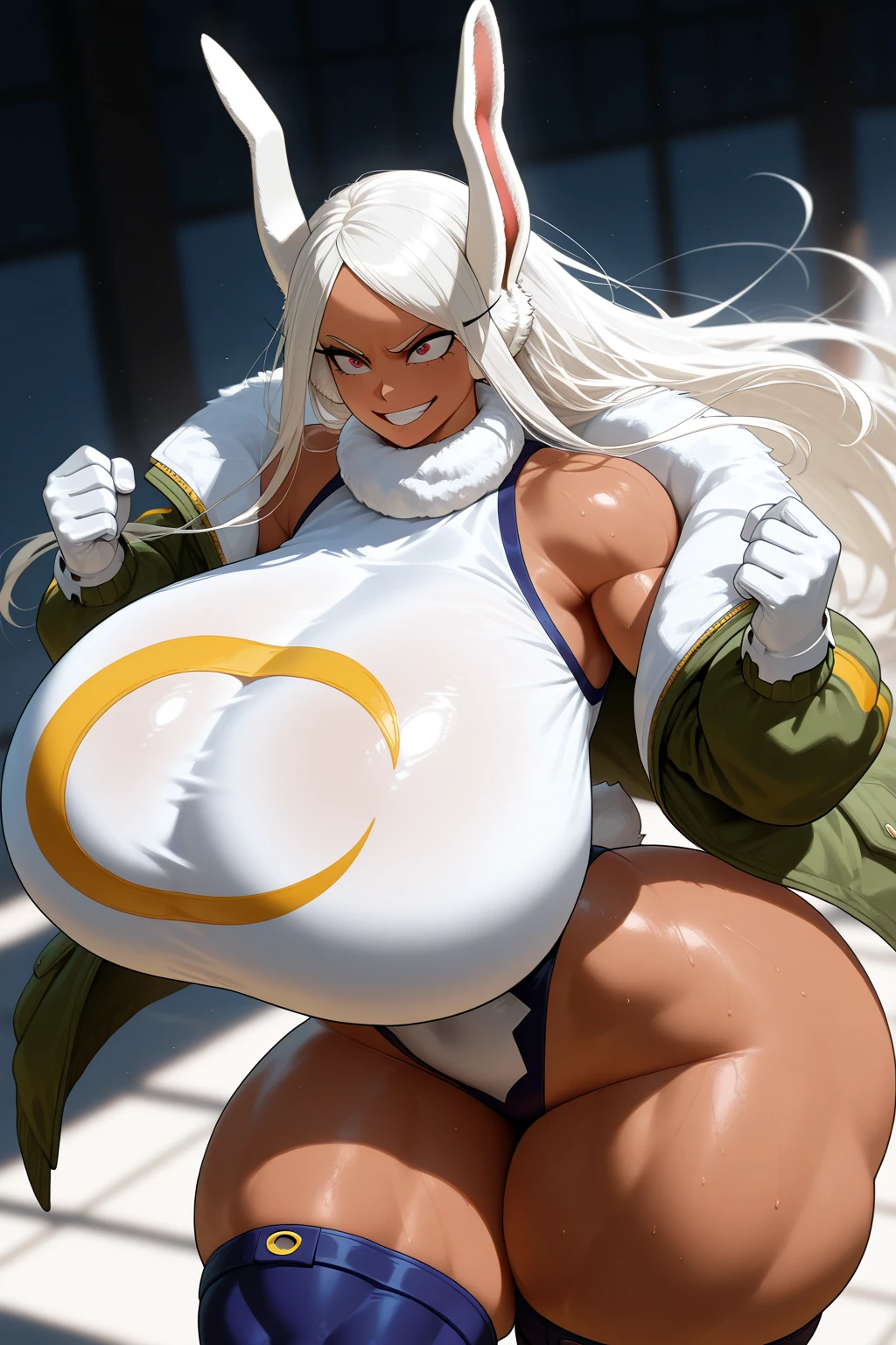 Cleopatra with extreme muscular body, gigantic breasts, fair skin, wearing kyuubi outfit, fox ears and 9 fluffy tails.