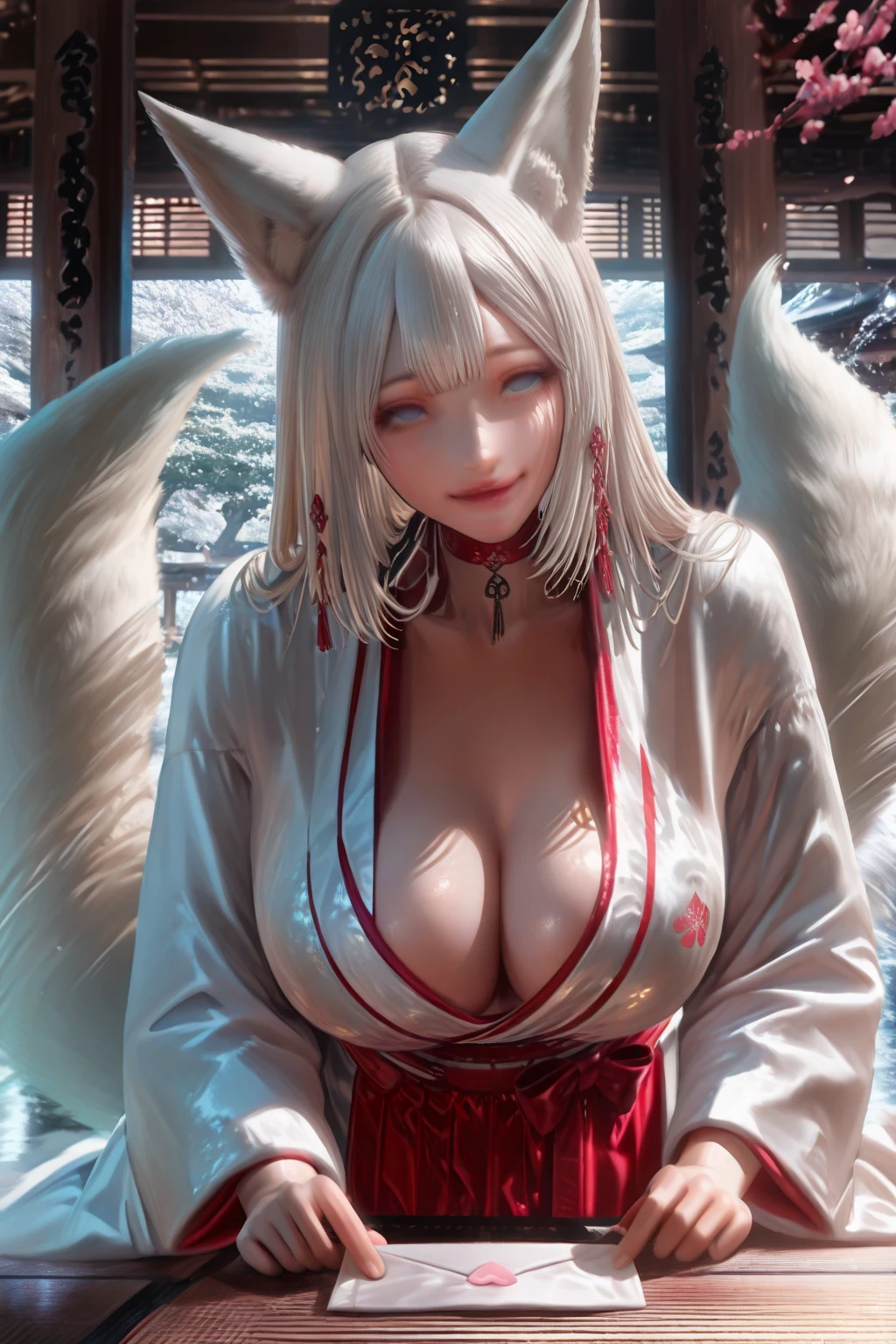 kitsune, 1tail, huge bustybreasts, smiling, drunk, aroused, NSFW, nude, showing off her hot body