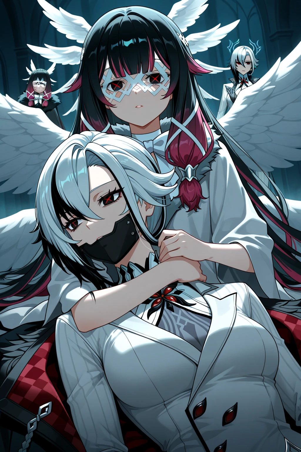 best quality people,work of art,final solution,cuddly,非常にcolorfullyな,colorfully,holy,silver long hair,Crespo,mature woman,good,(nun dress:1.3),(((nun:1.3),(angel with a pair of wings on his back:1.3),(devil with a pair of horns:1.3),3 characters)),cathedral,sanctuary,Normal posture