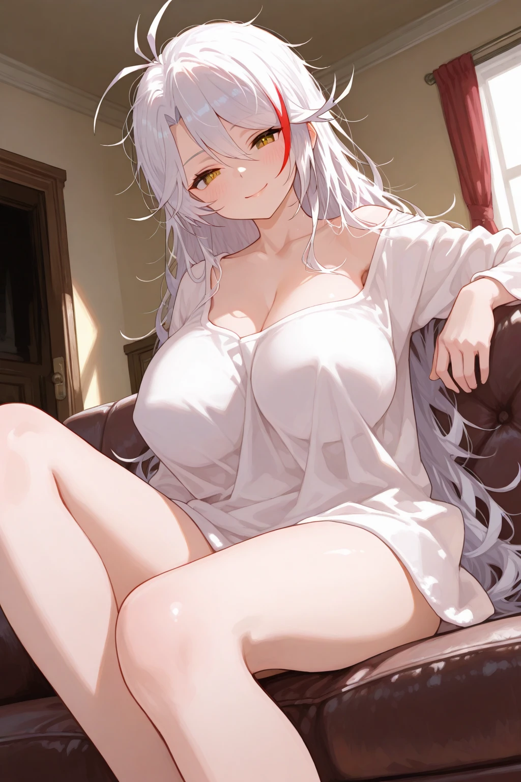 <lora:pc_chan:1>,pc_chan,purple eyes,(dark skin:1.3),large breasts,white hair,long hair,white dress,cleavage,sitting on a sofa,(white sofa:1.5),crossed legs,high heels,do i really have to ask you every time to generate proper hands?,