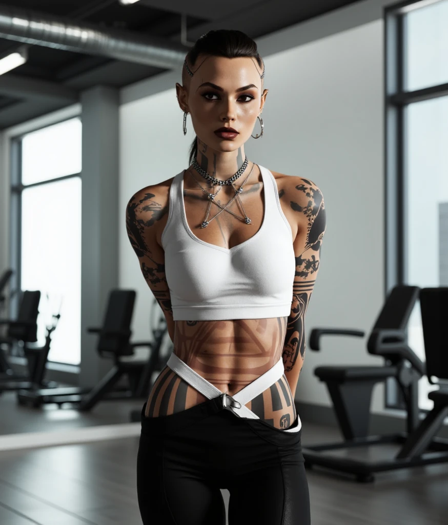  Athletic hunk muscular man with very short hair, vintage lingerie,  glossy stockings, bra, very high stiletto heels with pointy toes, earrings, bra ,nylons and makeup,  garterbelt, girdle, tattoos, long earrings, necklace, lipstick, corset, in a budoir, putting makeup on in front of the mirror 