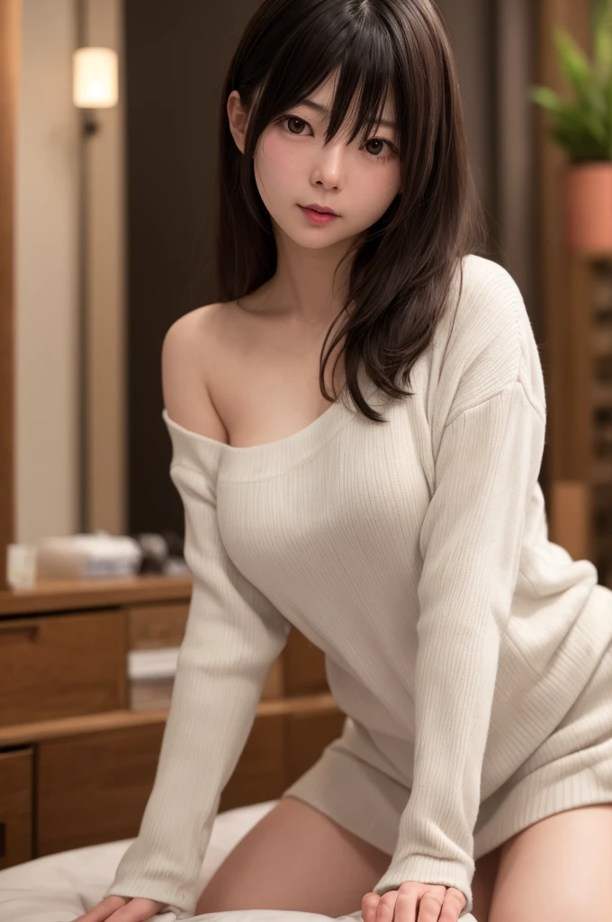 ((full body Portraiture))　(Very beautiful straight bob hair that is neatly arranged to the ends:1.3)   Japanese women　22 years ago　　Highest quality, Face Focus, Soft Light, Ultra-high resolution, (Realistic:1.4), RAW Photos,  Precise and beautiful thin eyebrows　Cotton camisole　Beautiful breasts　West Shot　Slim figure　((Extremely detailed and high quality eyes:1.3)) 
1 Japanese girl, alone, cute,   (Beautiful face in every detail:1.3)  ((High resolution detail of human skin texture:1.3)
indoor,  (Old Coffee Shop)　
White thick sweater, Beautiful breasts　 (Beautiful straight bob hair all the way to the ends:1.3)  Elegant and clean　　Intelligent and stylish
(Portraiture)  High resolution and focus on your eyes　Diffused light from a window　非常にBeautiful gradation　A kind smile　Beautiful gradation