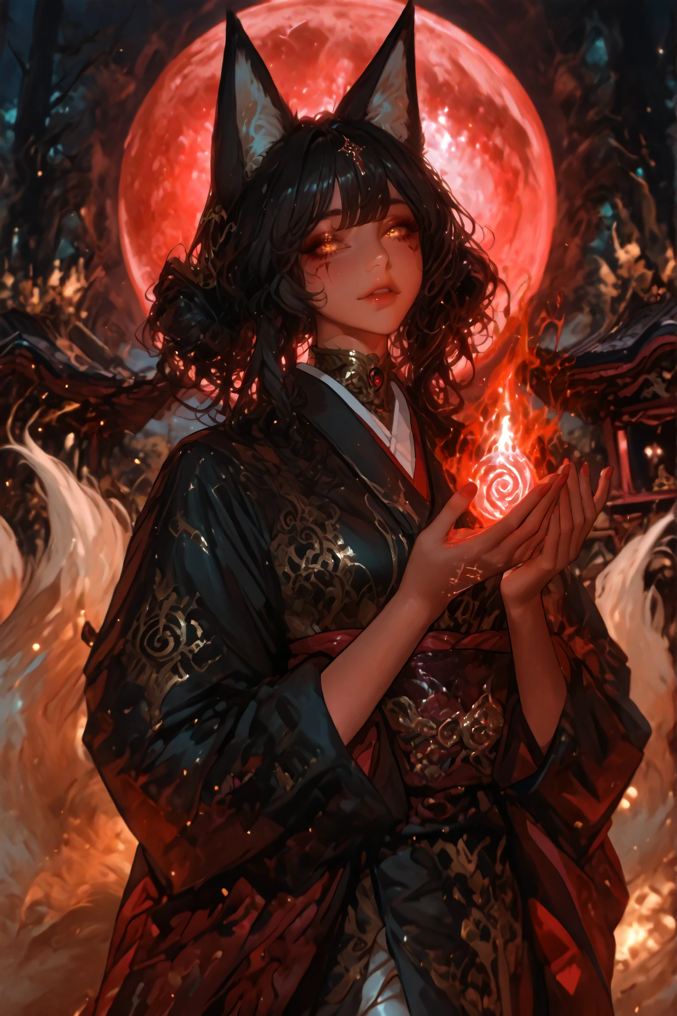 When the moon turns red and black tears flow, the gates of hell are opened and the roar of Cerberus is heard. The eyes of a beautiful black-haired woman shimmer eerily with vermilion, staring at the sins of the condemned. Her black dress is embroidered with red embroidery of delicate and intricate design. Detailed drawings. Vivid colors. High image quality.