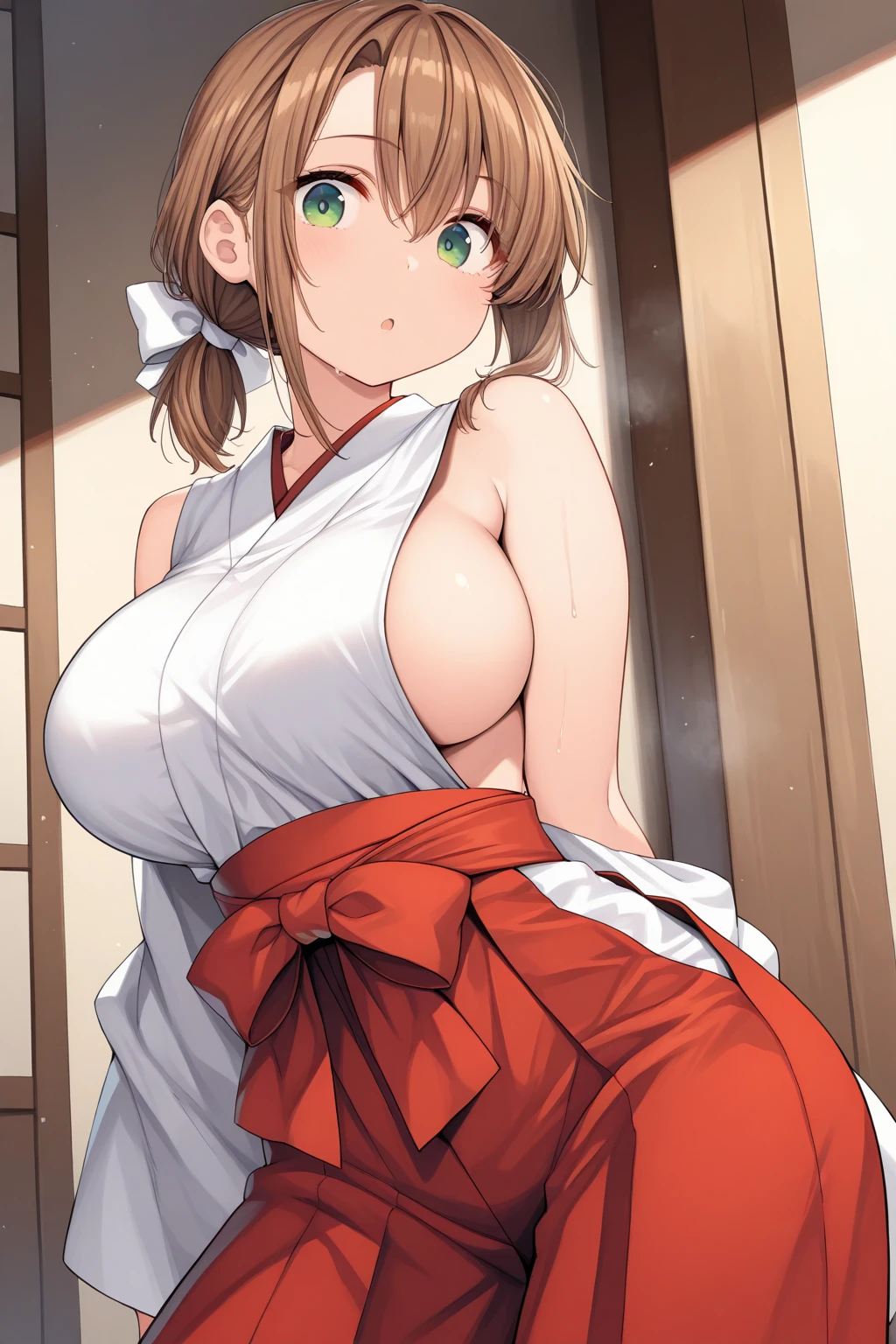 (Masterpiece, Best Quality, High Quality),volumetric lighting, illustration, beautiful, perfect lighting, perfect shadows, (breathtaking scenery:1.1), blushing, facing viewer, standing, honoka (doa), karate gi,white karate custom, big breasts,no bra, cleavage, sweating, smile