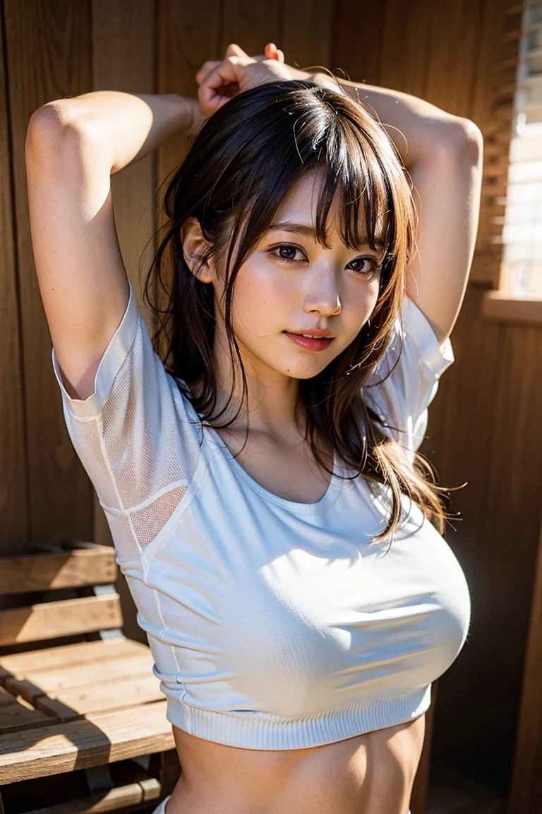 Top quality, ultra high resolution, (photorealistic: 1.4), one girl, off-the-shoulder pink shirt, white tight skirt, black choker, (faded ash-gray hair: 1), (huge breasts: 5.0), look at the viewer, close-up,