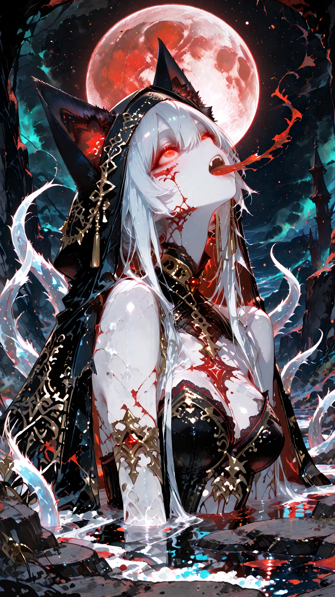 White hair, black clothes, black stockings, gold ornaments, sexy witch, green embellishments, masterpiece, high details, ccurate, best quality, 8k,1 girl, cthulhu, dark, gothic, pretty face, (simple background), smoky makeup