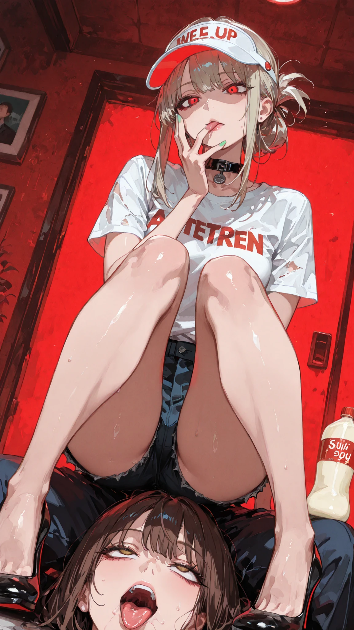 (anime style),masterpiece, best quality, highres, dragon ball, blmmid, aqua hair, medium hair, blunt bangs, red hair band, medium breasts, white shirt, black skirt, in a Cyberpunk city, bustling with neon signs, standing, upper body8K, (original: 1.2), (far shot), (realistic: 1.3), masterpiece, best quality, beautiful clean face, fullbody, 1girl, posing for a picture, long legs, huge breasts , showing feet,showing feet soles,legs_up,{feet_up}, lying,leg_lift, feet