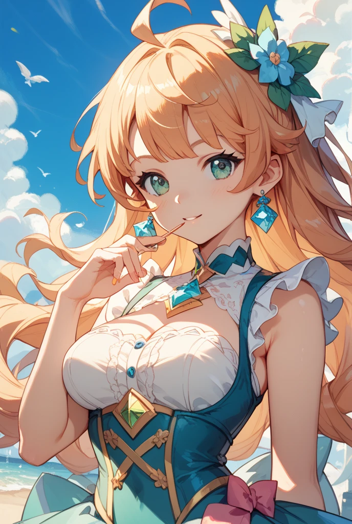( Absurd , high quality , Super detailed, Watch your hands )Zodiac sign - Gemini Goddess , Similar to the goodness of Latin , alone . Curious, Skillful, Humorous, Fascinating, Imaginative faces , Sometimes unrealistic, Restless, Nervous, Careless style , mature , Light brown eyes , Long Hair , Light blonde hair , dress , Lace Lingerie , In the windy sea , whole body , Sexy expression ,