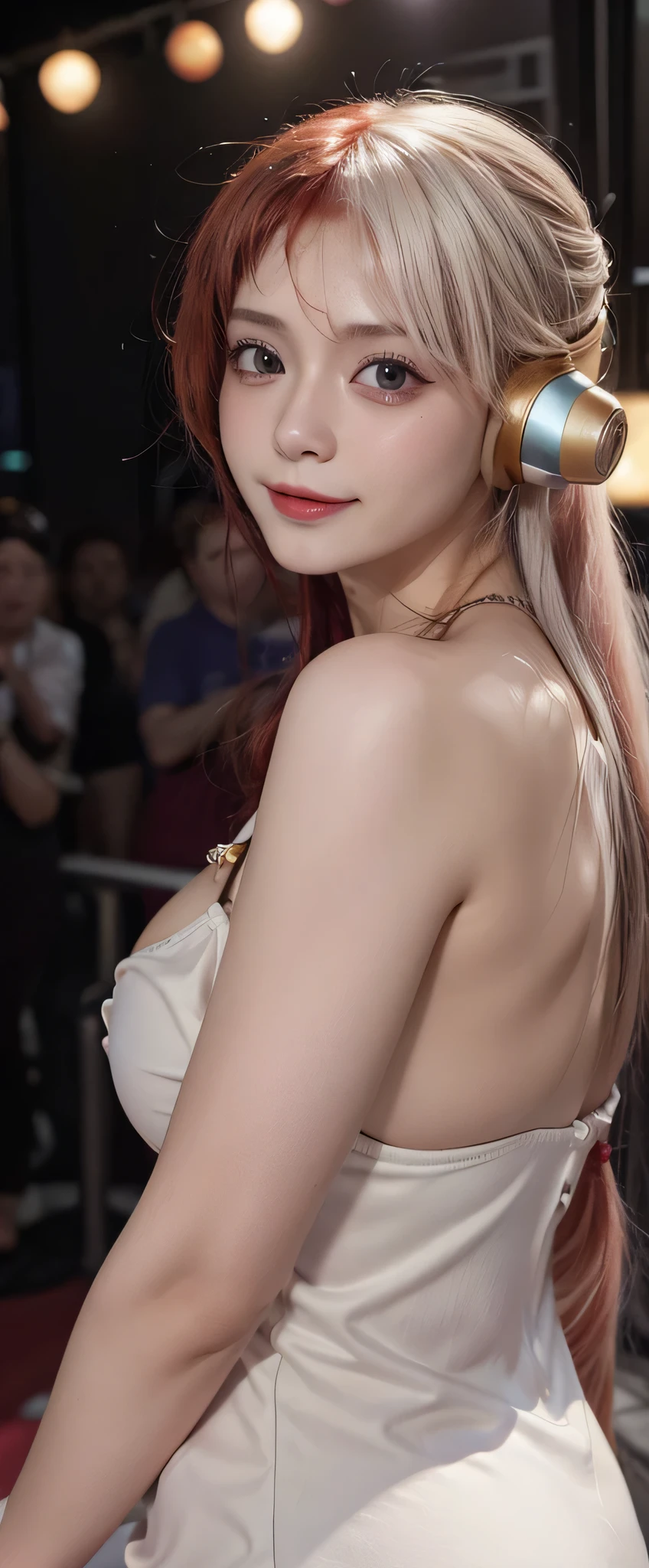 Uta, One Piece movie,
a sweet smiling diva, with two-tone hair (white and red), purple eyes, gold headphones, She wears a thin white lingerie with gold accents, and high white boots, fingerless gloves, Background: A concert stage full of colorful lights with sparkling musical notes.
(Cleavage), (Big breasts:1.1), ((mini dress:1.3)), ((cameltoe:1.2)), (head phone), (red and white hair), sexy pose, ((detail image:1.2)), ((face detail)).