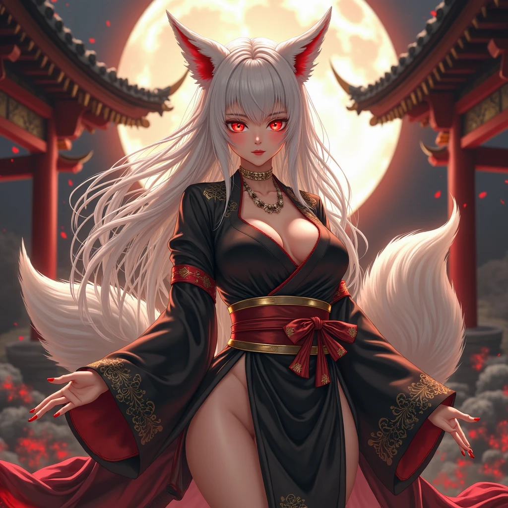 A beautiful demoness, Her hair was white in color, so pure that it seemed that nothing could dim the pure color, Her eyes were a beautiful jeel blue color, with grooves instead of pupils, measured 1.7 meters, She had cup-shaped breasts at the edge of the DD cup, and a figure like an hourglass, She was wearing a real kimono that was a bit imaginative., The most notable thing about the beautiful demon were his two white wolf ears on top of his head., and her 10 white girl tails that came out from behind her back, The wolf demon was sitting in the water across what looked like a huge cage with wheels on his chest with his feet.