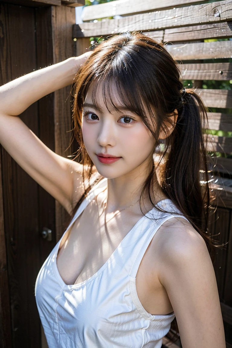 16K, 8K, masterpiece, Top quality, ultra-detailed, an extremely delicate and beautiful,1 beautiful woman,35mm lens,f/1,(large chest:1.5), black tank top, neat makeup, A slight smile, Ponytail