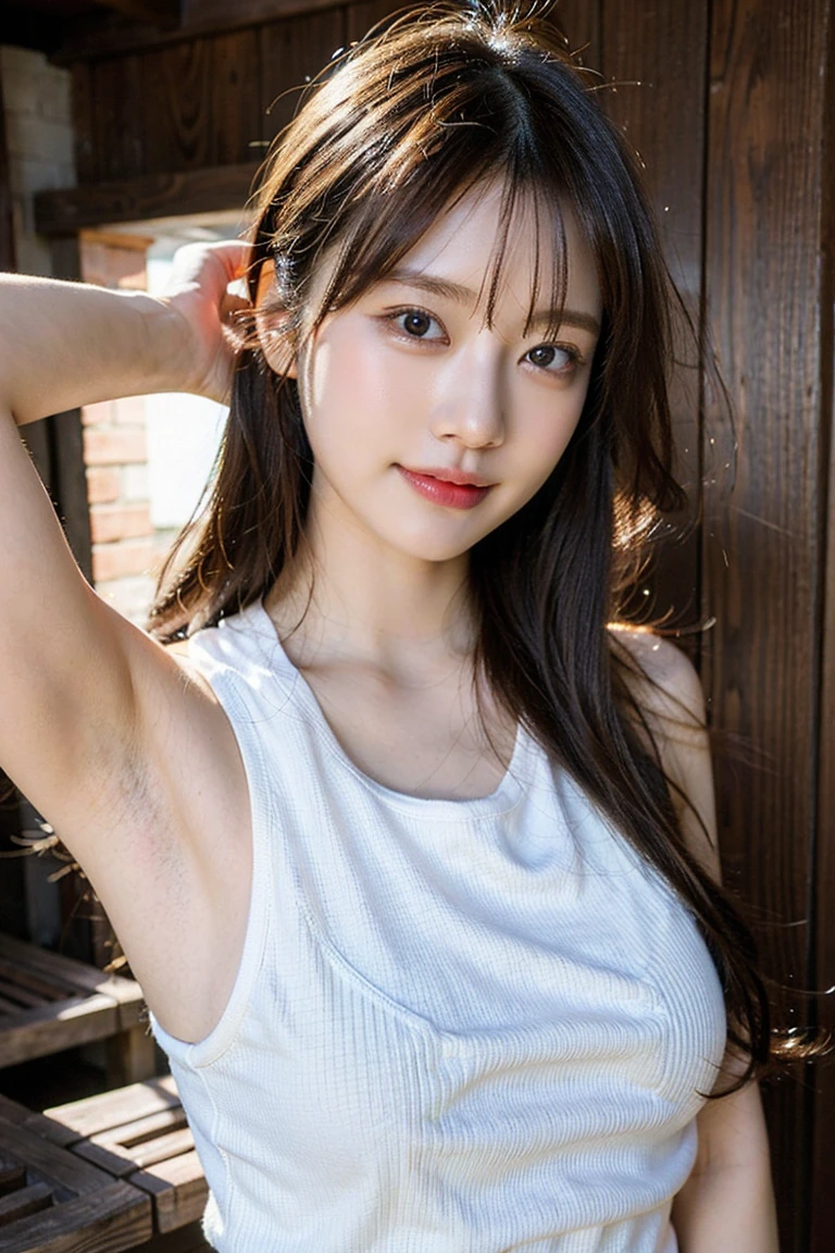 (Ultra Real), (Illustration), (High Resolution), (8K), (Very Detailed), (Best Illustration), (Beautiful Detailed Eyes), (Best Quality), (Ultra Detailed), (Masterpiece), (Wallpaper), (Detailed Face), Bed, Upper Body Up, Armpits, Smiles, Plump,Solo,Simple White Tank Top Girl, Sweaty, Japan Person, Big, (Camel Toe)