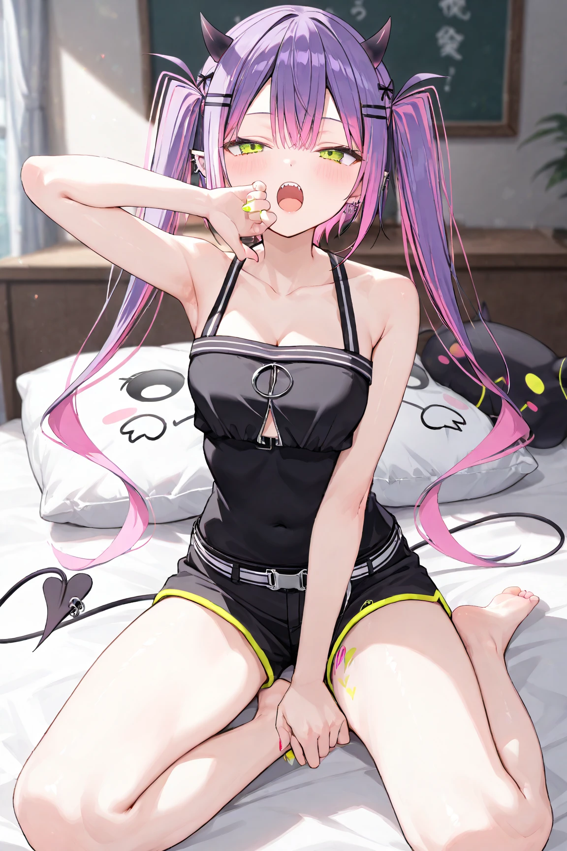 4k, girl, (scared), (sad), drooling, hypnotized eyes, blank stare, Purple hair, twin tails, glowing purple eyes, slender frame, demon, furry tail, (exposed rib cage), fluffy digitigrade legs, ((protruding hip bones)), detailed fur, chained to chair, wearing plain white briefs, white tank top,