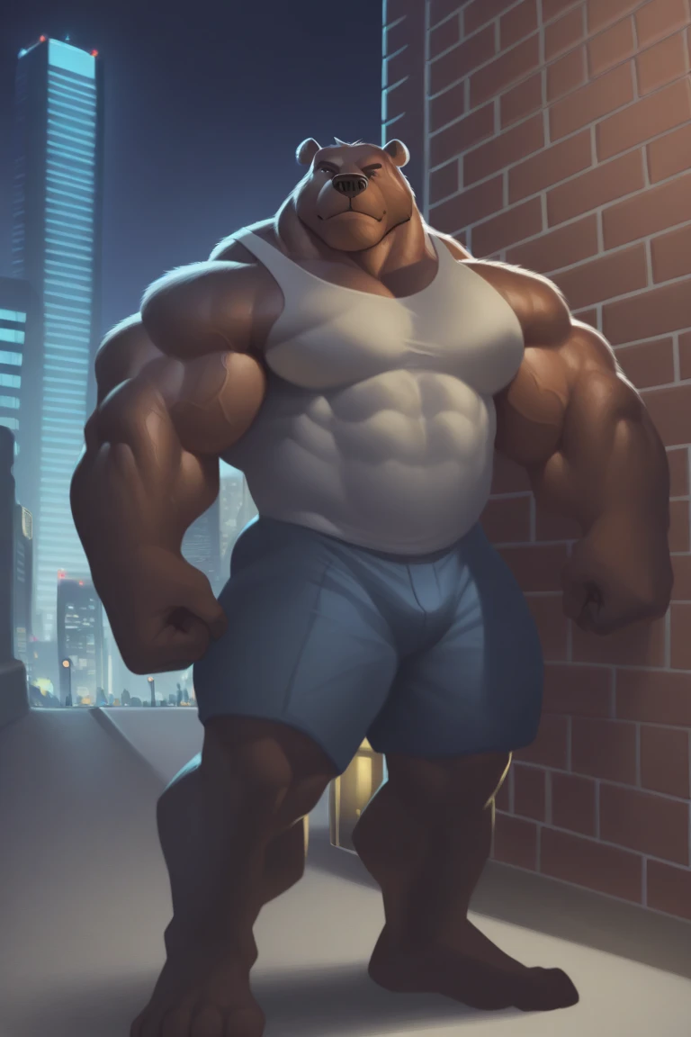 a potrait, full body, semirelistic:1.2, masterpiece, detailed face, muscular old grizzly bear in front house, old bear, thick arm, huge arm, huge brown fur, bearded. Grey hair and beard, bearded grey, muscular, huge pectoral, wide pectoral, realistic, 8k, masterpiece, (wearing shorts and white tank top:1.3, white shoes), smile