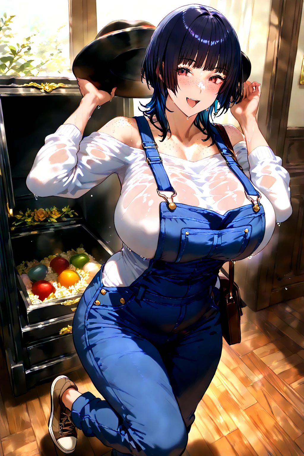 (best quality, masterpiece), 50yo beautiful girl,glasses,denim overalls,(naked),hot pants,side undercut hair,sneaker,(heavy makeup),(wrinkle),huge sagging breasts,necklace,hoop earring,in crowded BBQplace,smirk,arms behind head,showing off armpits,smirk,absurdres