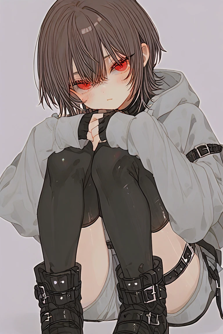 cute emo femboy, black hair, on back, full body, in bed, in oversized hoodie, gagged